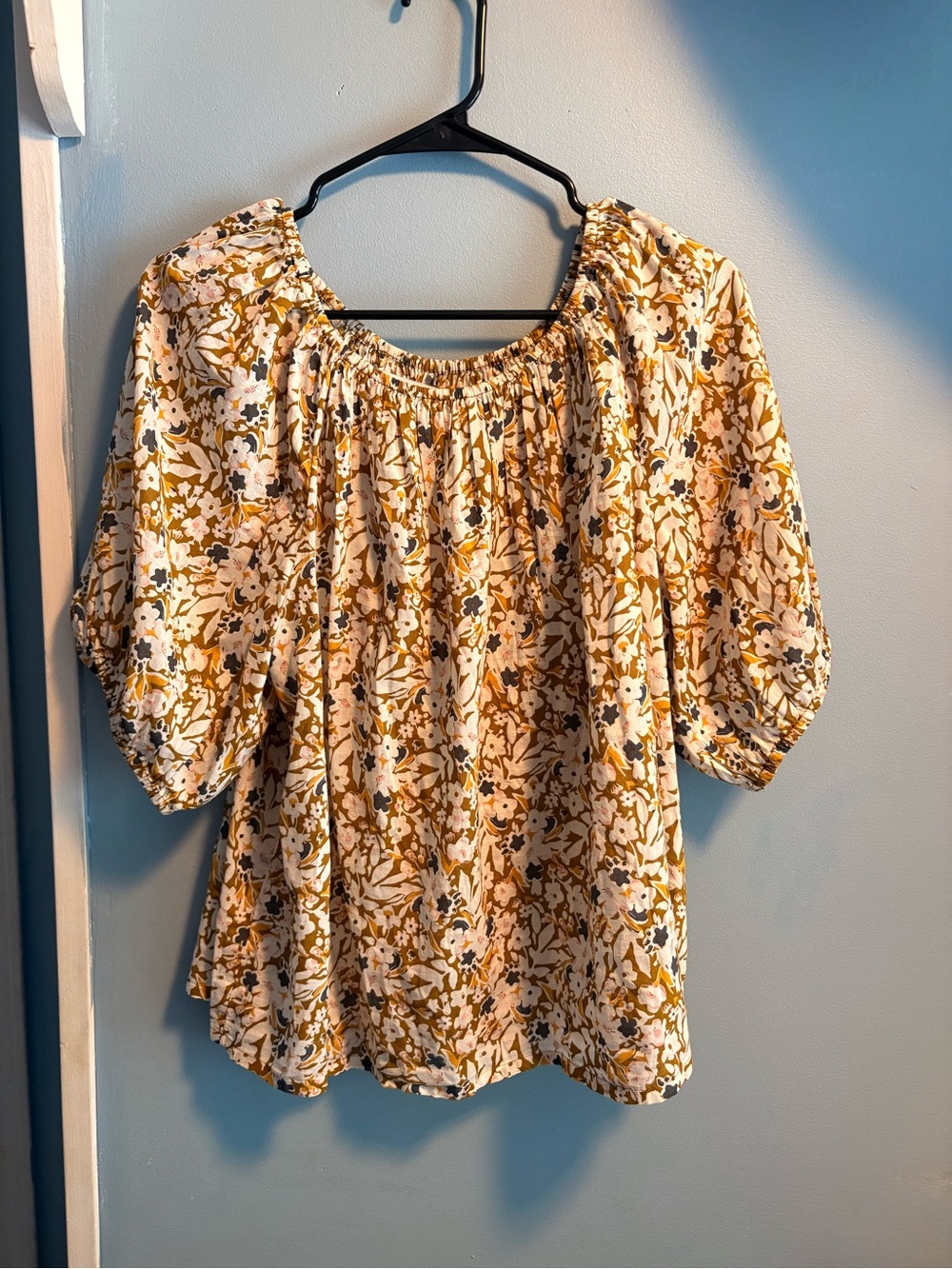Sonoma Mustard and Cream Floral Off-Shoulder Puff Sleeve Top